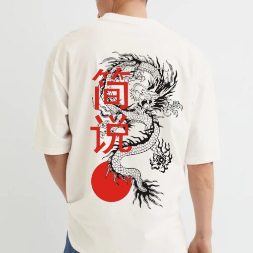 Chinese Dragon Graphic Printed Long White Cream Casual Summer Oversized T-Shirts For Men - Image 3