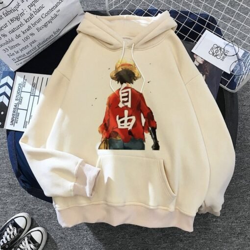 Luffy Freedom Anime Beige Oversized Men Hoodie