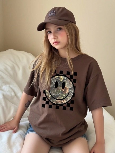 Brown  Smiley Printed Girls T-Shirt