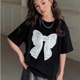 White Bow Print Elegant Girls Black T-Shirt
