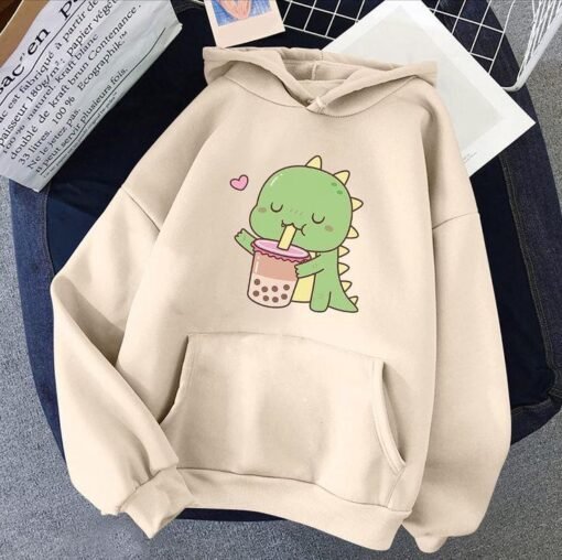 Cute Dino Boba Beige Oversized Women Hoodie