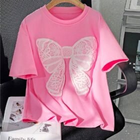 Pink Oversized Butterfly Bow Print T-Shirt for Women