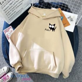 FOOLY COOLY Anime Cat Print Women's Beige Hoodie