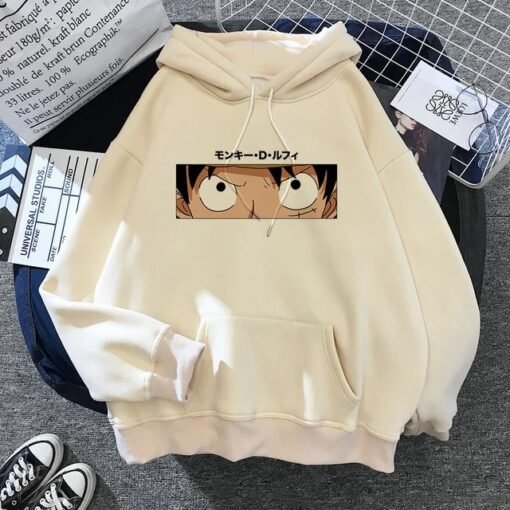 One Piece Monkey D. Luffy Anime Print Women's Beige Hoodie